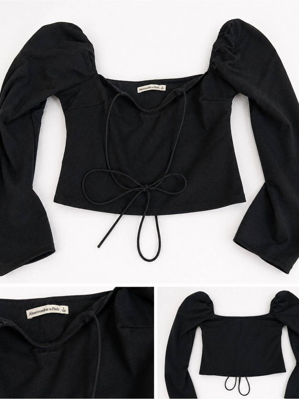 Abercrombie & Fitch Black Puff Sleeve Tie Front Cropped Top Square Neck
